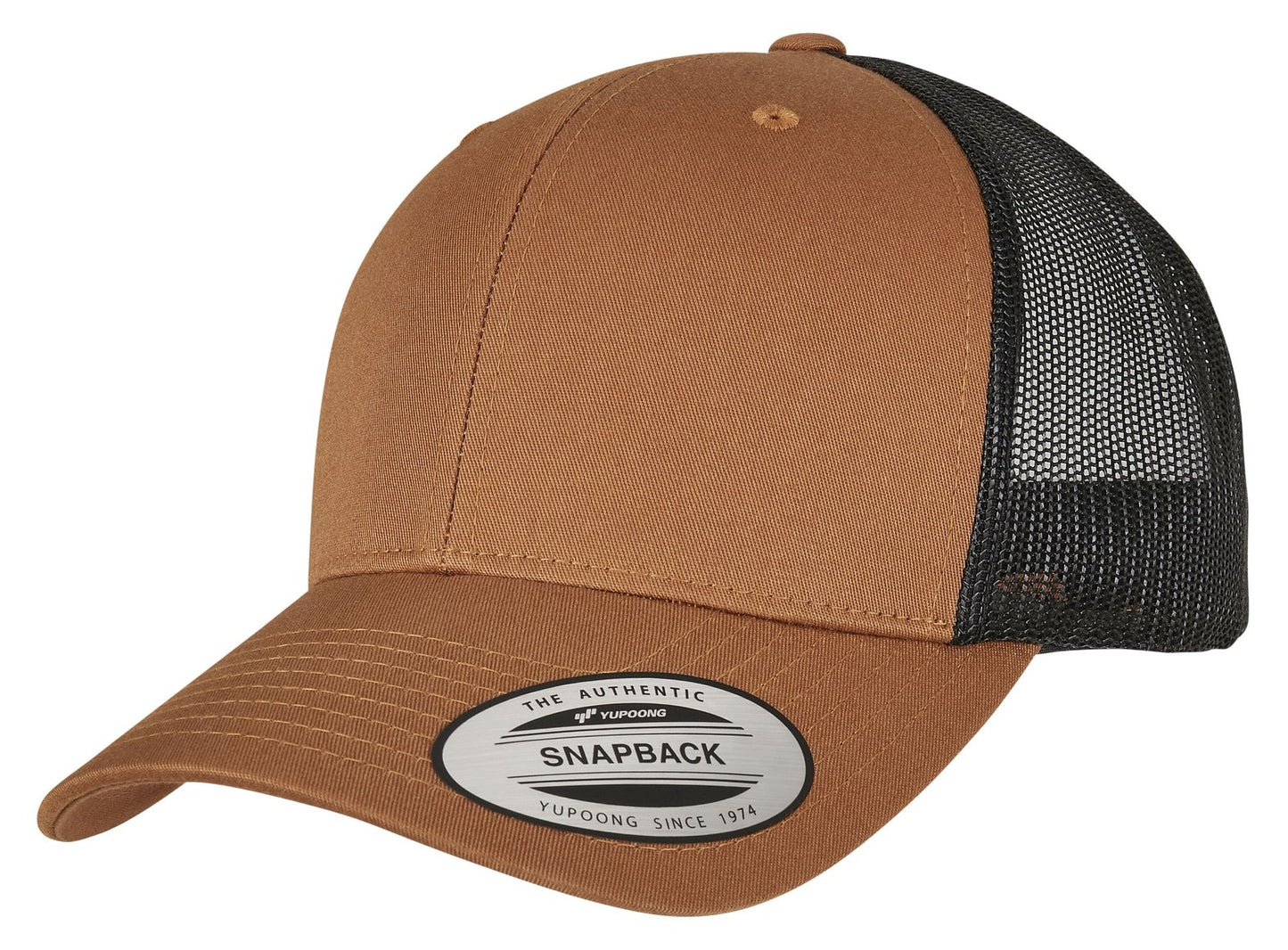 Casquette style retro trucker premium 215 g/m²  — coloris Caramel / Black #Couleur_Caramel-/-Black