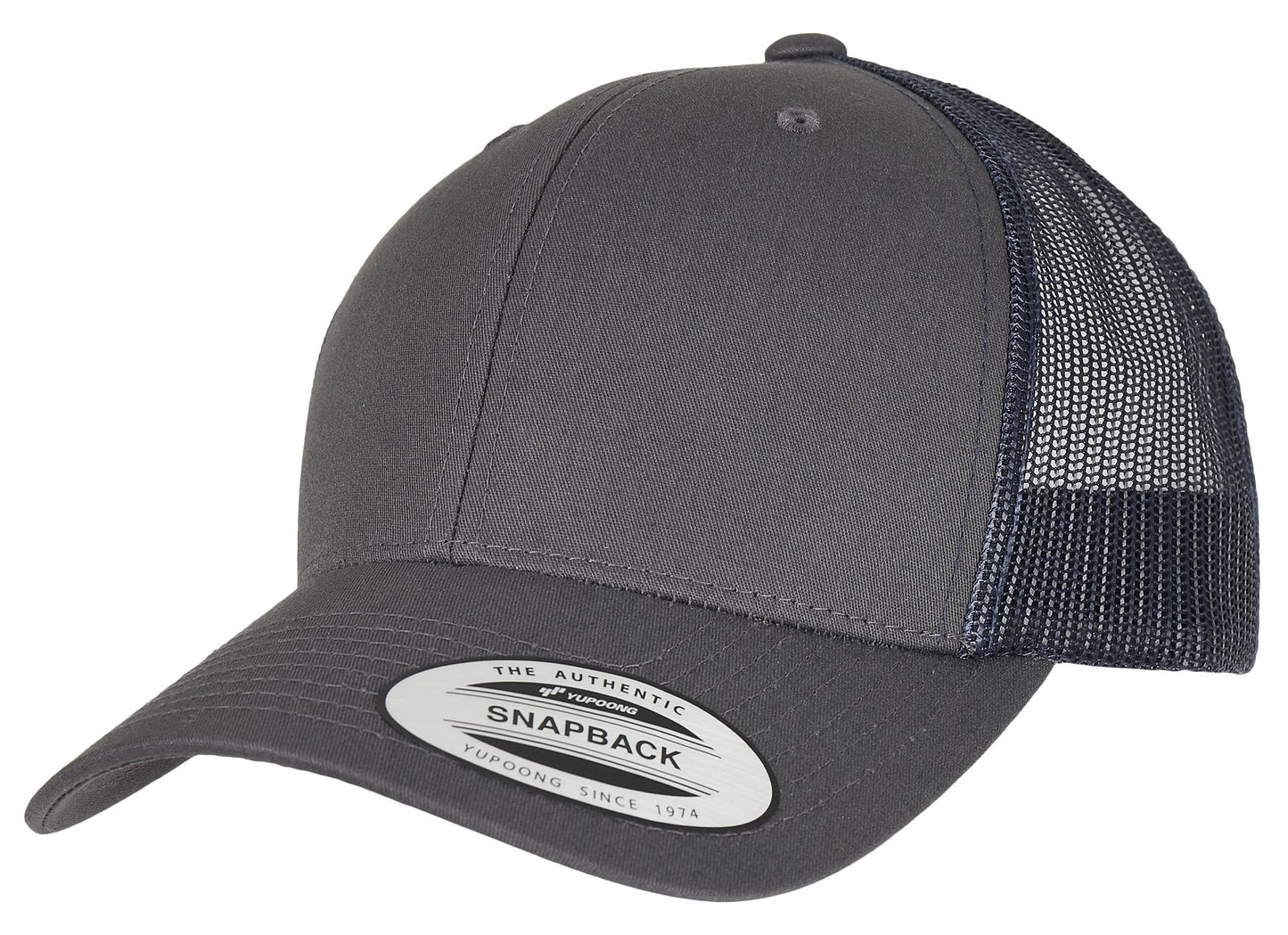 Casquette style retro trucker premium 215 g/m²  — coloris Charcoal / Navy #Couleur_Charcoal-/-Navy