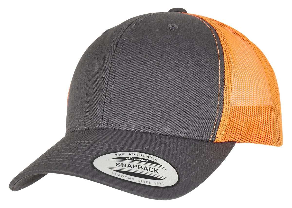 Casquette style retro trucker premium 215 g/m²  — coloris Charcoal / Neon Orange #Couleur_Charcoal-/-Neon-Orange