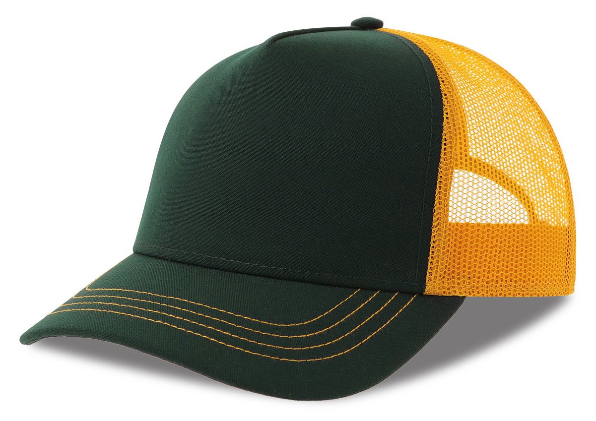 Casquette trucker contrastée recyclée 270 g/m²  — coloris Bottle Green / Yellow #Couleur_Bottle-Green-/-Yellow