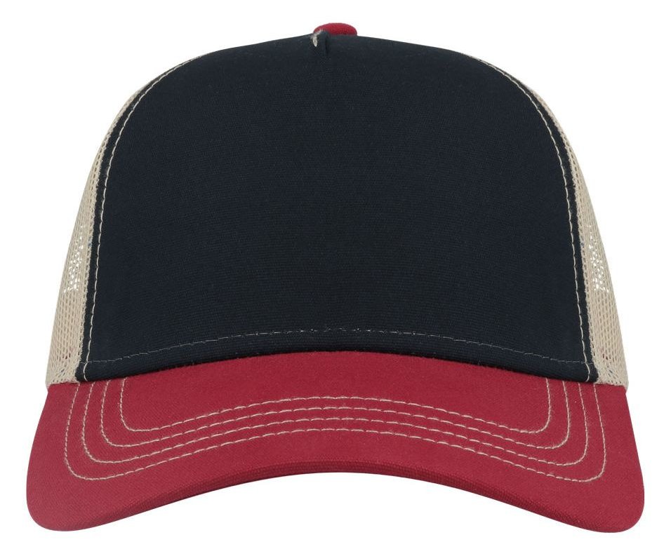 Casquette trucker contrastée recyclée 270 g/m²  — coloris Navy / Burgundy / Khaki #Couleur_Navy-/-Burgundy-/-Khaki