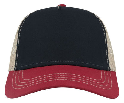 Casquette trucker contrastée recyclée 270 g/m²  — coloris Navy / Burgundy / Khaki #Couleur_Navy-/-Burgundy-/-Khaki