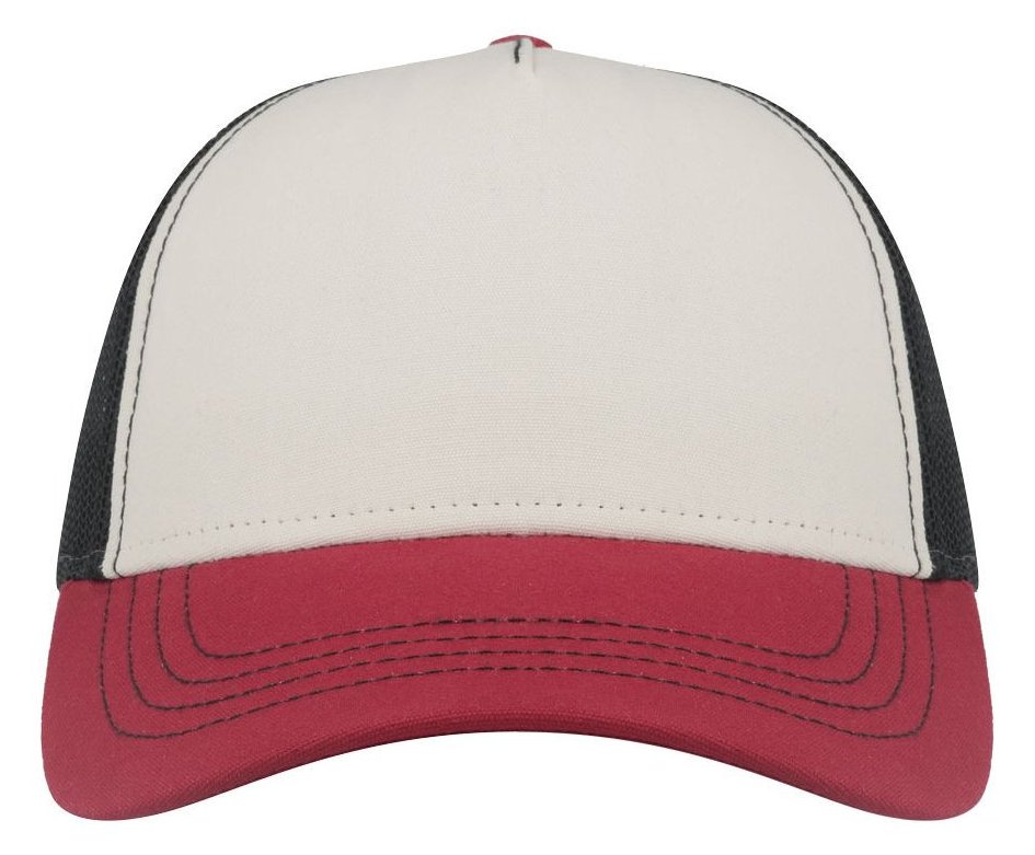 Casquette trucker contrastée recyclée 270 g/m²  — coloris White / Burgundy / Black #Couleur_White-/-Burgundy-/-Black