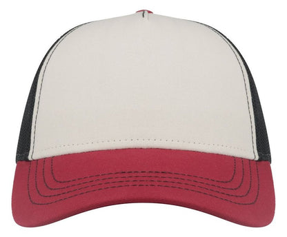 Casquette trucker contrastée recyclée 270 g/m²  — coloris White / Burgundy / Black #Couleur_White-/-Burgundy-/-Black