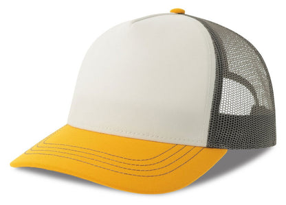 Casquette trucker contrastée recyclée 270 g/m²  — coloris White / Yellow / Dark Grey #Couleur_White-/-Yellow-/-Dark-Grey