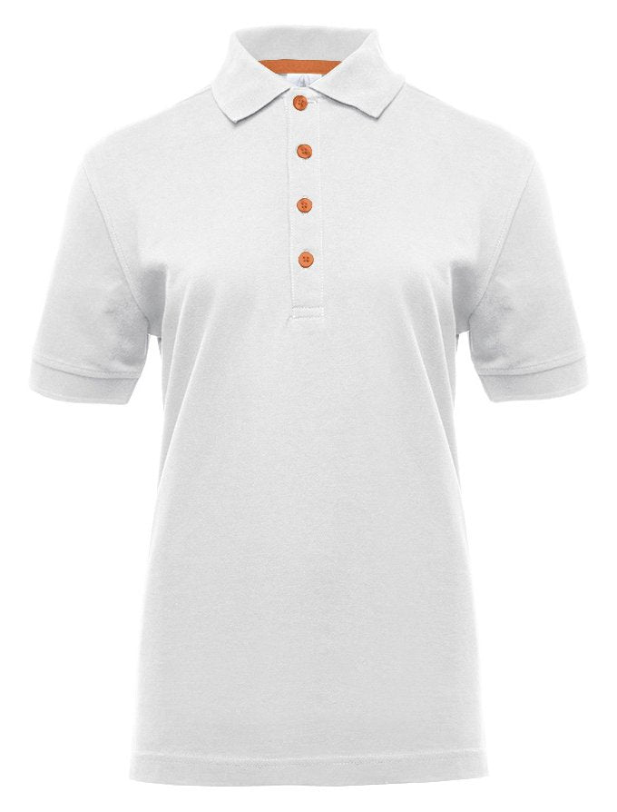 Polo manches courtes boutons contrastés femme  — coloris White / Orange #Couleur_White-/-Orange